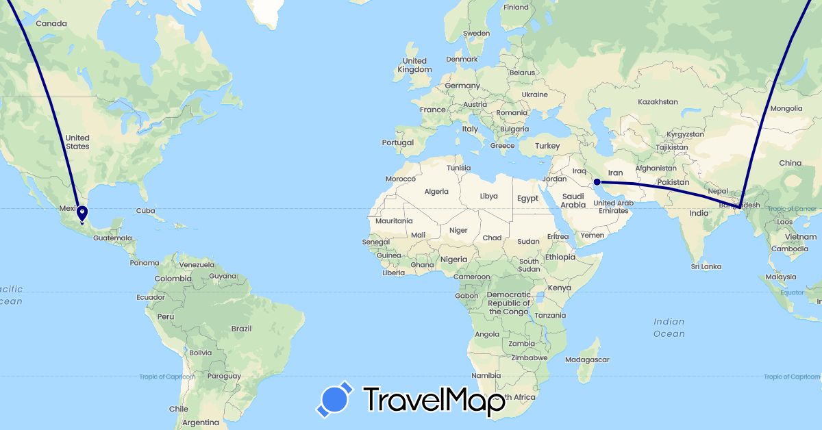 TravelMap itinerary: driving in Bangladesh, Iran, United States (Asia, North America)